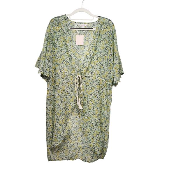 NWT LC Lauren Conrad Yellow Floral Gardenia Tapered Tie Front Kimono Women OS - Picture 2 of 8
